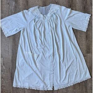 Vintage Shadowline Size L‎ Floral Embroidered Nightgown Housecoat Dusty Blue USA